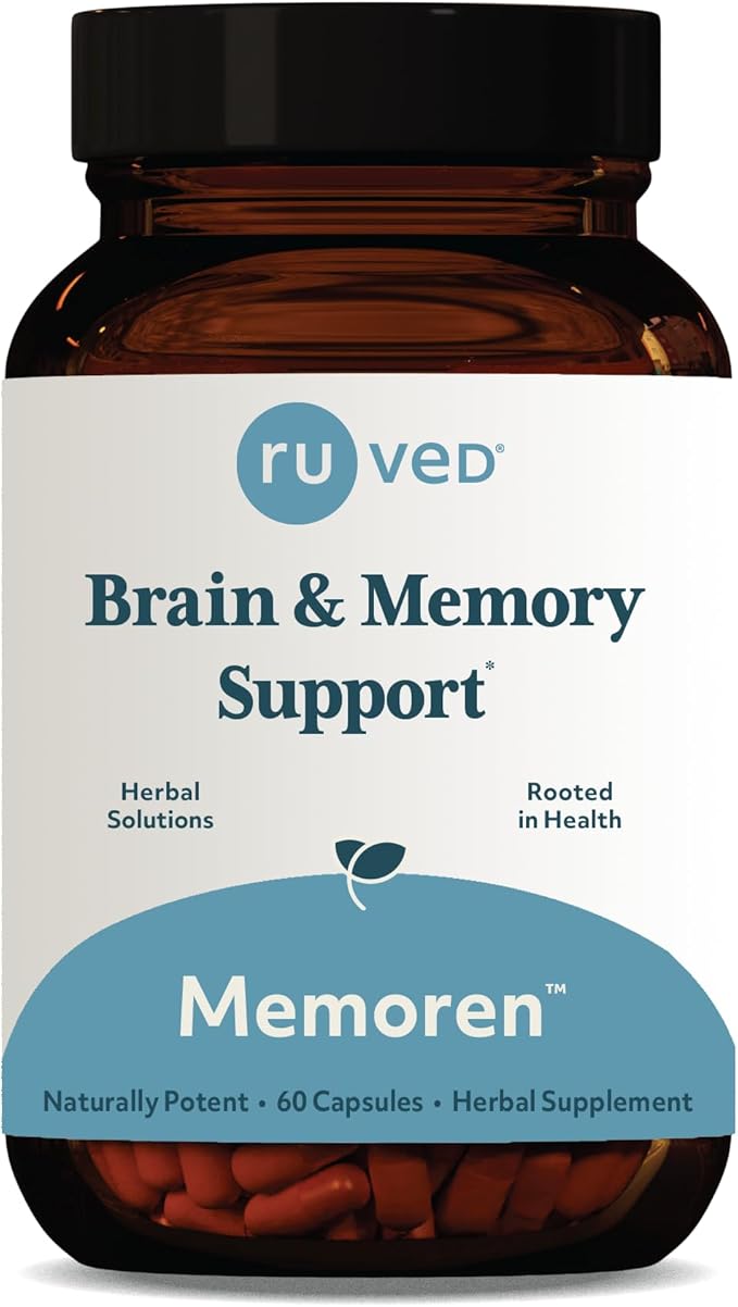 ruved Memoren, All-Natural Ayurvedic Focus and Memory Support with Ginkgo Biloba, Gotu Kola and Bacopa, Brain Health and Stress Care Supplement for Adults, 60 Vegetarian Capsules