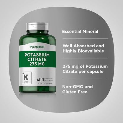 Potassium Citrate Supplement | 275 mg | 400 Capsules | Non-GMO, Gluten Free | by Piping Rock