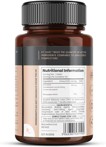 pureclinica 1000mg Resveratrol x 180 Tablets (2 Bottles of 90 Tablets Each - 6 Months Supply). 10 x Strength and with Black Pepper Extract for Faster Absorption