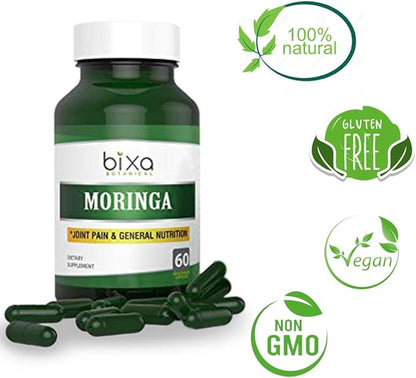 bixa BOTANICAL Moringa Extract 1% Alkaloids 60 Veg Capsules (450mg) | Multi-Vitamin and Nutritional Green Superfood Supplement ǀ Helps in Joint Pain and Blood Circulation ǀ