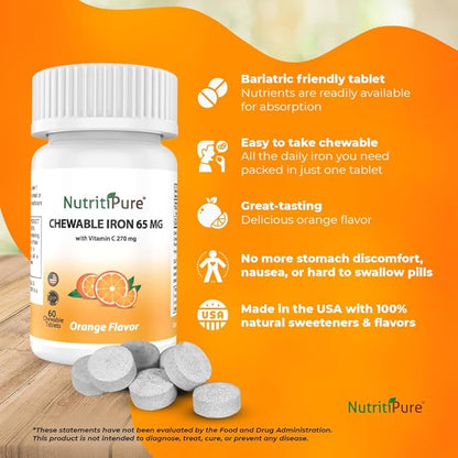 Chewable Iron 65 mg with Vitamin C 270 mg - Tablet in Orange Flavor 60 Count x 2 Bottles (Twin Pack)