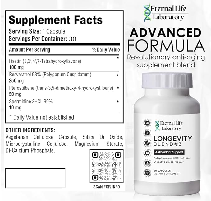 Longevity Blend #3 Antioxidant Support - Resveratrol, SIRT1 & Autophagy Supplement, AMPK Activator, Fisetin, Pterostilbene, Spermidine, Anti-Aging Supplement- 30 Capsules