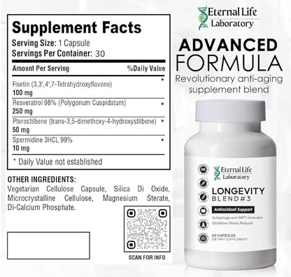 Longevity Blend #3 Antioxidant Support - Resveratrol, SIRT1 & Autophagy Supplement, AMPK Activator, Fisetin, Pterostilbene, Spermidine, Anti-Aging Supplement- 30 Capsules