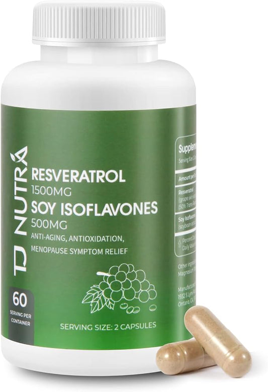 Resveratrol Supplement 2000mg with Soy Isoflavones 500mg, 100% Natural Trans-Resveratrol, Promotes Anti-Aging, Immunity Support, Antioxidants, Menopause Relief, 120 Capsules, 60 Day Supply