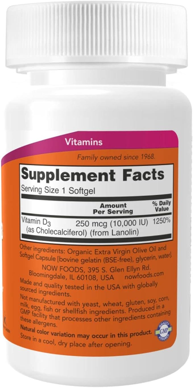 Now Foods Now Foods High Potency Vitamin D-3, 10,000 IU, 120 Softgels, 2 Pack