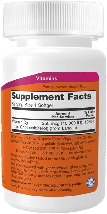 Now Foods Now Foods High Potency Vitamin D-3, 10,000 IU, 120 Softgels, 2 Pack