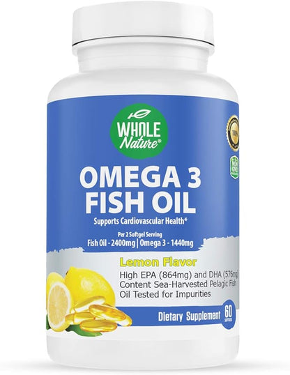 Omega 3 Fish Oil Supplements, Maximum Strength 2400 mg Omega-3, 1440mg Fish Oil, EPA DHA Fatty Acids, Heart Health, Vision, Eye, Brain, Immune Support for Women & Men. Natural Lemon Flavor, 60 ct (1)