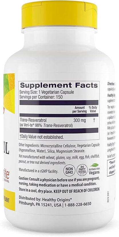 Healthy Origins Resveratrol (Trans-Resveratrol), 300 mg - European Resveratrol Nutritional Supplements - Vegan, Non-GMO & Gluten-Free Antioxidant Supplement - 150 Veggie Capsules