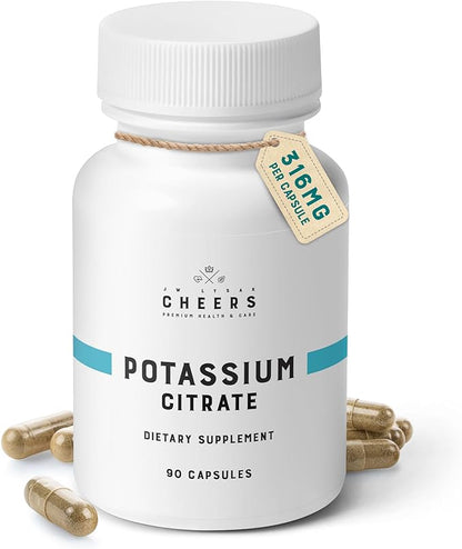 Cheers Potassium Citrate, 20% Daily Value, 316 mg per Capsule, 90 Capsules, Vegan Potassium Supplement for Adults, Natural Mineral Electrolyte