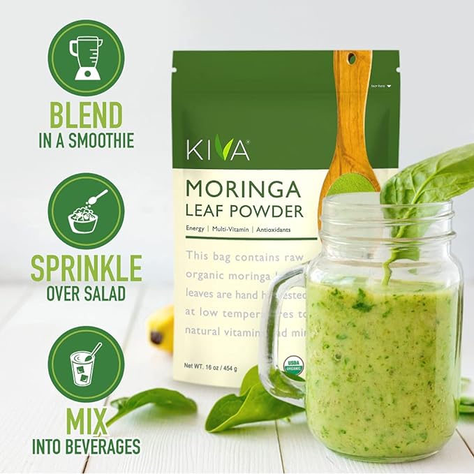 Kiva Organic Moringa Leaf Powder, 100% Pure and USDA Organic, Superfood Moringa Nutrition for Overall Health, Immune Support, and Energy Boost, RAW, Vegan, Non-GMO, 16-Ounce Resealable Bag