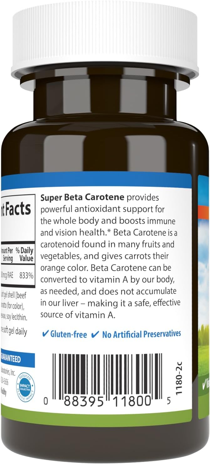 Carlson - Super Beta Carotene, 25000 IU (15 mg), Vitamin A as Beta Carotene, Bioavailable and Bioactive Form, Vision Health, Healthy Skin, 50 Softgels