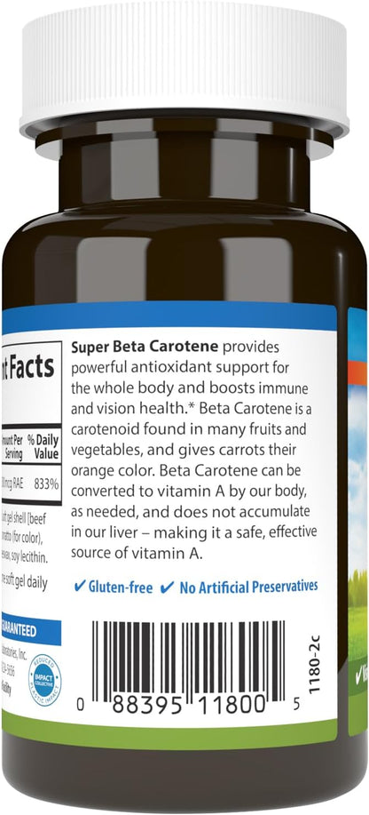 Carlson - Super Beta Carotene, 25000 IU (15 mg), Vitamin A as Beta Carotene, Bioavailable and Bioactive Form, Vision Health, Healthy Skin, 50 Softgels