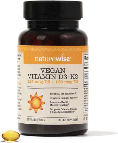 NatureWise Vitamin D3 + K2 with Plant Based Vitamin D3 5000IU & 100mcg Vitamin K2 as MK-7 - Max Absorption - Vegan Non-GMO - Immune Support - with Extra Virgin Olive Oil - 60 Softgels[2-Month Supply]