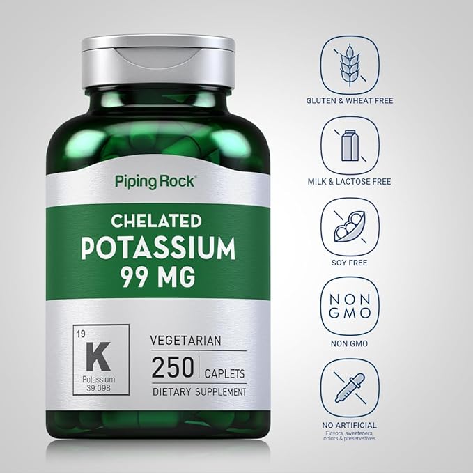 Chelated Potassium Supplement 99 mg | 250 Caplets | Potassium Gluconate | Vegetarian, Non-GMO, Gluten Free | by Piping Rock