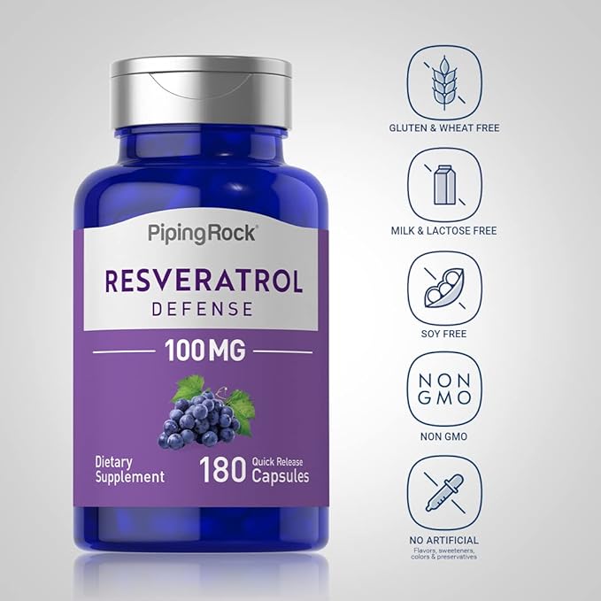 Piping Rock Resveratrol Supplement 100 mg | 180 Capsules | Defense | Grape Seed Extract | Non-GMO, Gluten Free