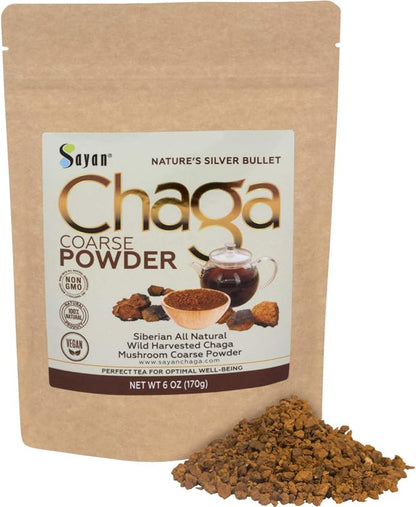 Sayan Siberian Raw Ground Chaga Powder 6 Oz (170g), Wild Forest Mushroom Tea, Powerful Adaptogen Antioxidant Supplement, Support for Immune System and Digestive Health