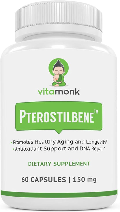 VitaMonk Pterostilbene 150mg Capsules No Artificial Fillers - Soy Free Trans-Pterostilbene Supplement which Promotes Healthy Aging and Longevity - 60 Veggie-Caps - Improved Resveratrol