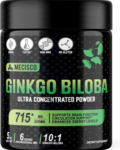 6in1 Ginkgo Biloba Extract Powder - High Concentrated with Ashwagandha Root, Moringa, Shilajit, Panax Ginseng & Black Pepper - Support Health Aging, Memory, Focus, Mood Stability - 5 Oz