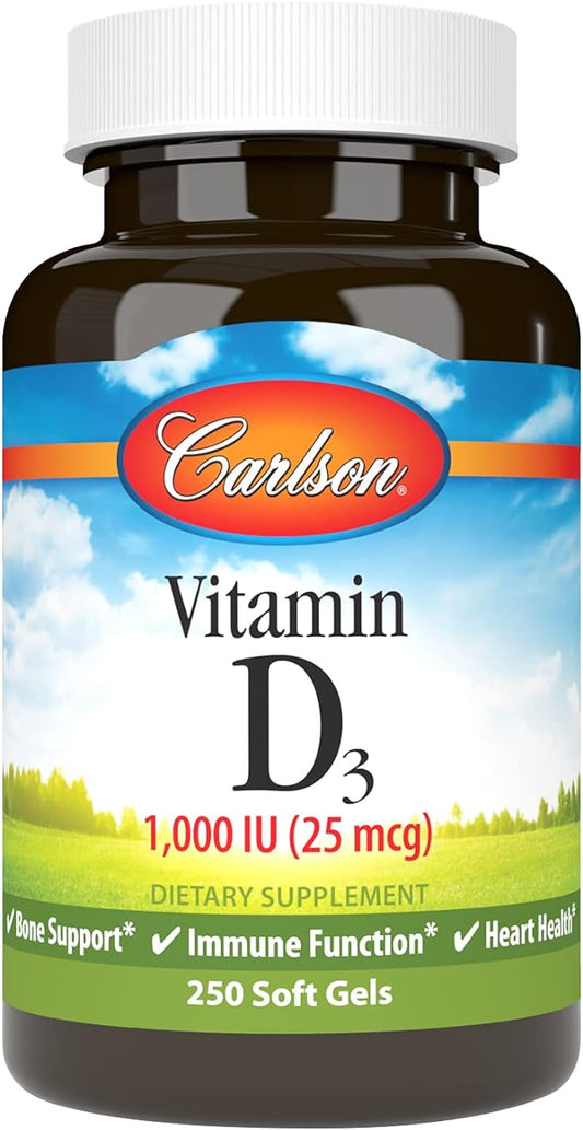 Carlson - Vitamin D3, 1000 IU (25 mcg), Bone Health, Muscle Health, Cholecalciferol, Vitamin D Supplements, Vitamin D3 Soft Gels, 250 Softgels