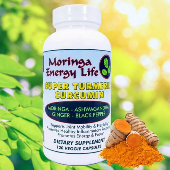 Moringa Super Turmeric Capsules 120, Natural Superfood Supplement for Moringa Oleifera Leaf, Curcumin, Black Pepper, Ashwagandha, Ginger. Gluten-Free, Vegan