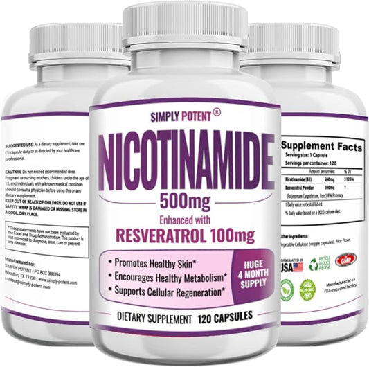 Nicotinamide 500mg with Resveratrol 100mg - 120 Veggie Capsules - Vitamin B3 Supplement Pills to Support NAD, Skin Cell Health & Energy