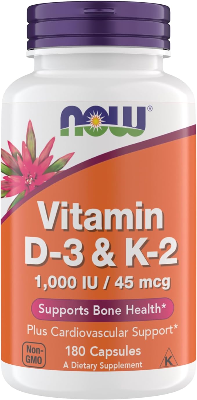 Now Supplements Vitamin D3 K2, 1,000 IU/45 mcg, Cardiovascular Support, Supports Bone Health, 180 Vegetarian Capsules - Vegan, Gluten Free, Kosher Vitamin D3 and K2 Supplements (Pack of 1)