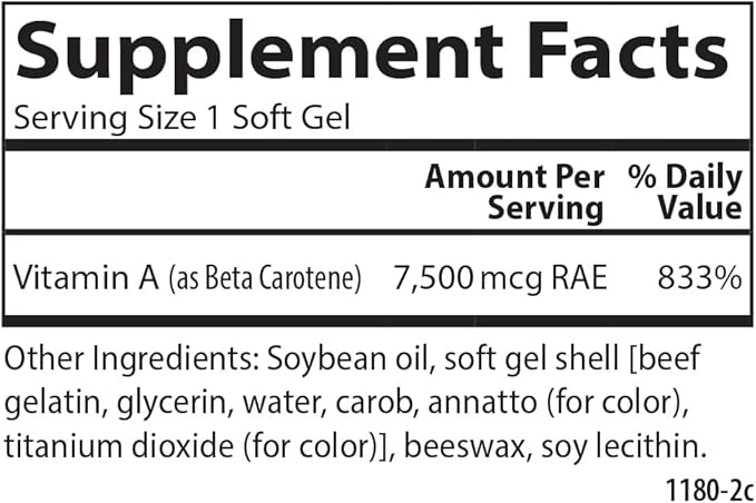 Carlson - Super Beta Carotene, 25000 IU (15 mg), Vitamin A as Beta Carotene, Bioavailable and Bioactive Form, Vision Health, Healthy Skin, 50 Softgels