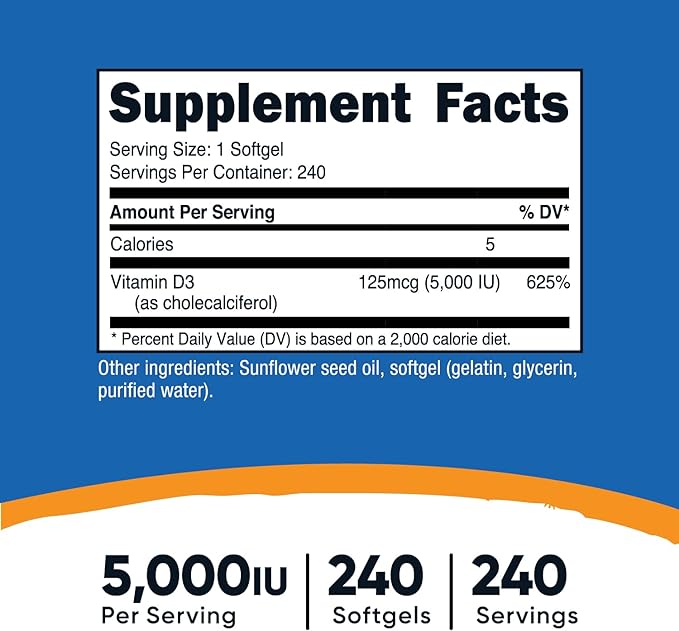 Nutricost Vitamin D3 5,000 IU, 240 Softgels - Non-GMO and Gluten Free Vitamin D