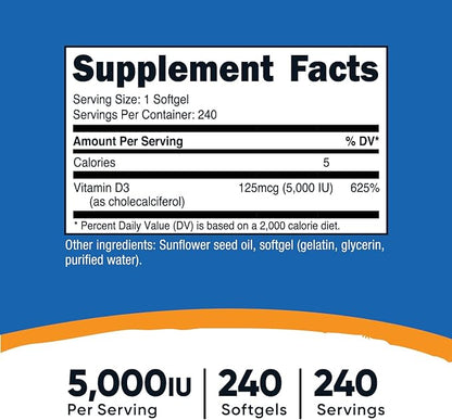 Nutricost Vitamin D3 5,000 IU, 240 Softgels - Non-GMO and Gluten Free Vitamin D