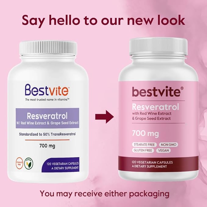 BESTVITE Resveratrol 700mg (120 Vegetarian Capsules) with Red Wine Extract & Grape Seed Extract - Standardized to 50% TransResveratrol - No Stearates - Vegan - Non GMO - Gluten Free