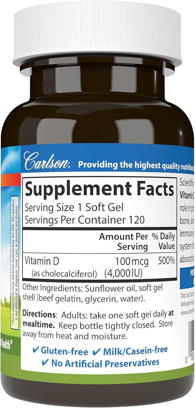 Carlson - Vitamin D3, 4000 IU (100 mcg), Vitamin D Supplements, Bone & Immune Health, Cholecalciferol Supplement, Gluten Free Vitamin D Capsules, 120 Softgels