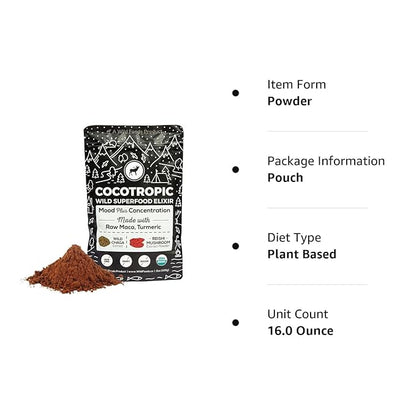 Organic Cocotropic Superfood Mushroom Hot Chocolate Mix, 16 oz | Non-GMO, Vegan, Gluten Free, Mood, Raw Cacao, Reishi Mushrooms, Chaga, Maca, Turmeric