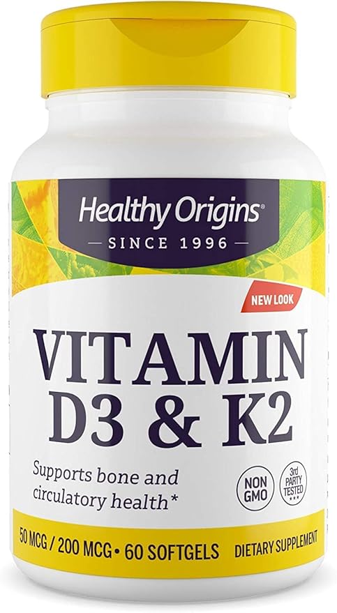 Healthy Origins Vitamin D3 & K2 - Vitamin D3, 50 mcg - Vitamin K2, 200 mcg - Easily Absorbable Vitamin D & Vitamin K Supplements - Non-GMO & Gluten-Free Supplements - 60 Softgels