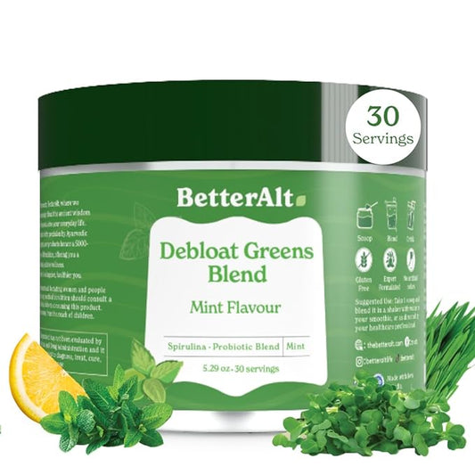 Better Alt Greens Powder, Detox & Debloat with 15 Super Greens Blend of Spirulina, Moringa Powder, Wheatgrass, Pre & Probiotics, Packed with Anti-oxidants, Mint Flavor, No Maltodextrin, 30 Servings