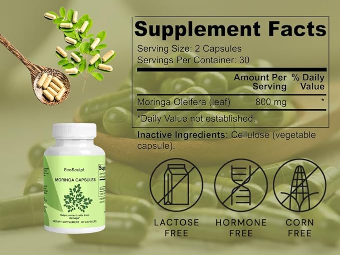 Moringa Oleifera Leaf Powder Capsules 100% Organic, Unoxidized, High Protein, Essential Amino Acids, Super Greens, Revitalizing Supplement, 60 Count (Pack of 1)