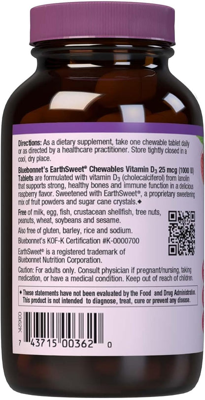 BlueBonnet Nutrition Earth Sweet Vitamin D3 1000 IU Chewable Tablets, Raspberry, 90 Count