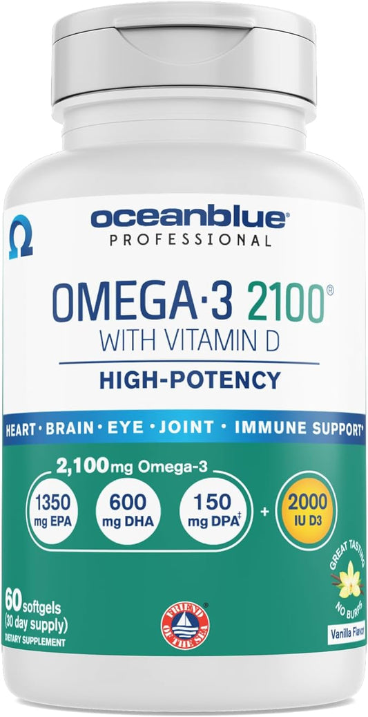 Oceanblue Professional Omega-3 2100 – 60 ct – Triple Strength Burpless Fish Oil Supplement with High-Potency EPA, DHA, DPA and Vitamin D3 – Wild-Caught – Vanilla Flavor (30 Servings)