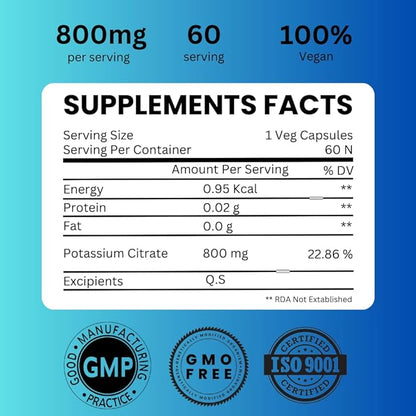 Potassium Citrate 800 mg High Absorption - 60 Servings Supports Electrolyte Balance, Kidney and Bone Health