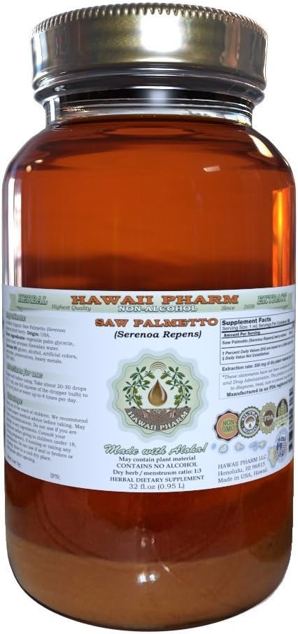 Hawaii Pharm Saw Palmetto Alcohol-Free Liquid Extract, Organic Saw Palmetto (Serenoa Repens) Dried Berry Glycerite Natural Herbal Supplement, USA 32 fl.oz