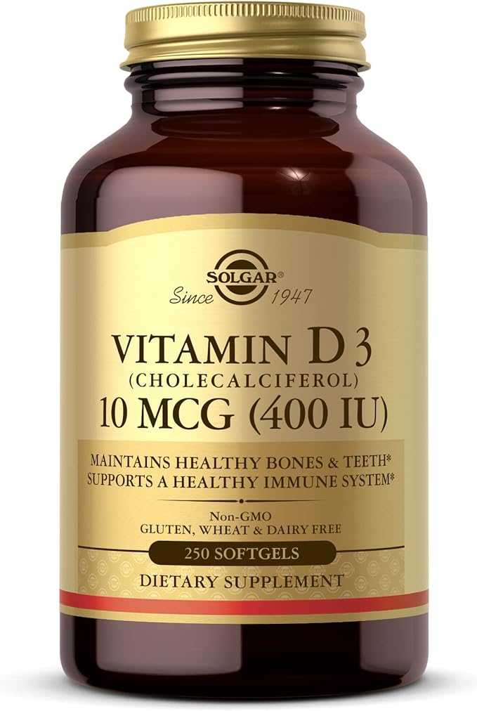 Solgar Vitamin D3 (Cholecalciferol) 10 MCG (400 IU), 250 Softgels - Helps Maintain Healthy Bones & Teeth - Immune System Support - Non-GMO, Gluten Free, Dairy Free - 250 Servings