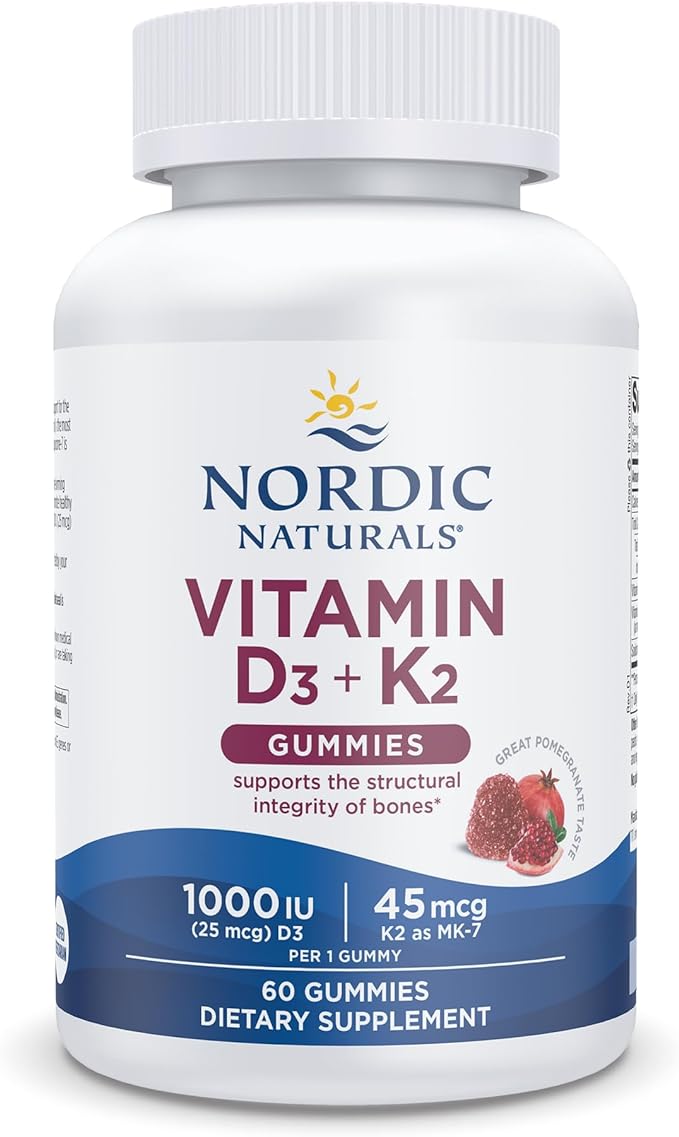 Nordic Naturals Vitamin D3 + K2 Gummies, Pomegranate - 60 Gummies - 1000 IU Vitamin D3 + 45 mcg Vitamin K2 - Great Taste - Bone Health, Promotes Healthy Muscle Function - Non-GMO - 60 Servings