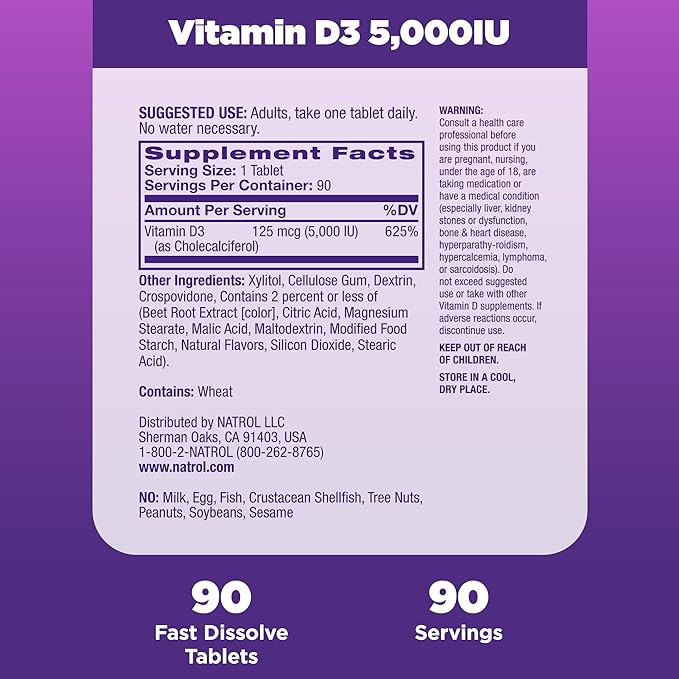 Natrol Vitamin D3 Fast Dissolve Tablets, Dietary Supplement, Bone & Joint Health, Support Your Immune Health, 5000 IU, 90 Count (Pack of 12)