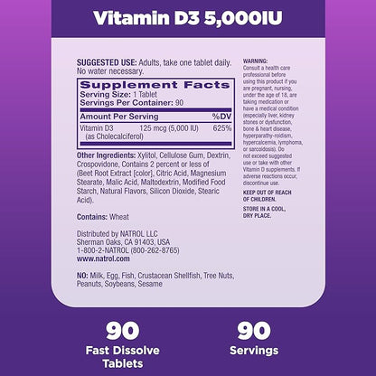 Natrol Vitamin D3 Fast Dissolve Tablets, Dietary Supplement, Bone & Joint Health, Support Your Immune Health, 5000 IU, 90 Count (Pack of 12)