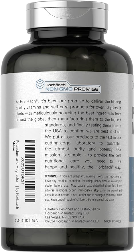 Potassium Magnesium Supplement | 240 Capsules | Non-GMO & Gluten Free | by Horbaach