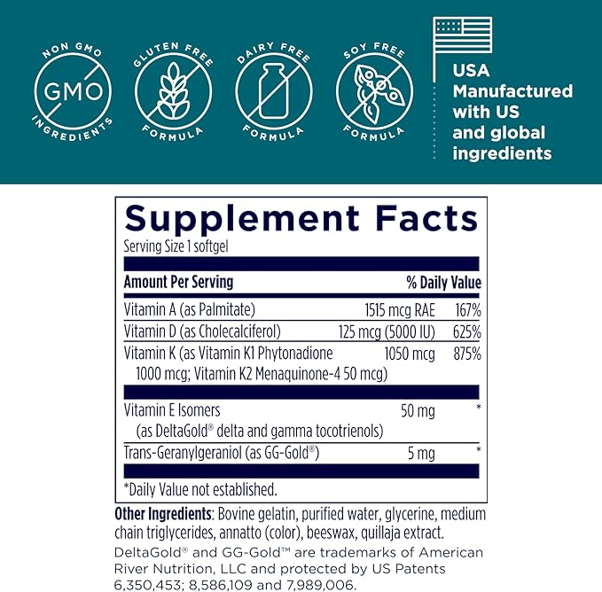 Designs for Health ADK Evail - 5000 IU VIT D3 with Vitamins A, E (Annatto Gamma Delta Tocotrienols), K (K1 + K2) - Fat Soluble Vitamin D Complex - Bone + Immune Support - Non-GMO (60 Softgels)