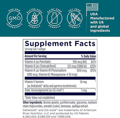 Designs for Health ADK Evail - 5000 IU VIT D3 with Vitamins A, E (Annatto Gamma Delta Tocotrienols), K (K1 + K2) - Fat Soluble Vitamin D Complex - Bone + Immune Support - Non-GMO (60 Softgels)