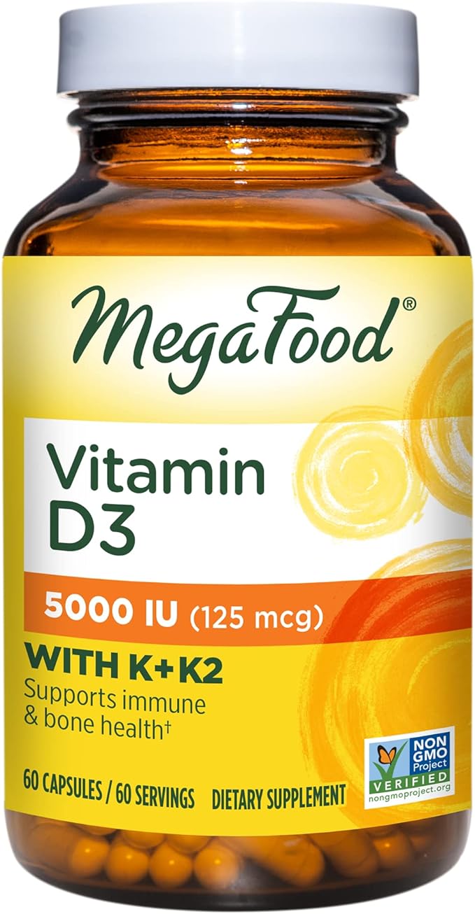 MegaFood Vitamin D3 5000 IU (125 mcg) - Vegetarian Vitamin D Supplements with Vitamin D3 K2, Supports Bones, Teeth, Muscles & Immune Health, Certified Non-GMO - 60 Mini Capsules, 60 Servings