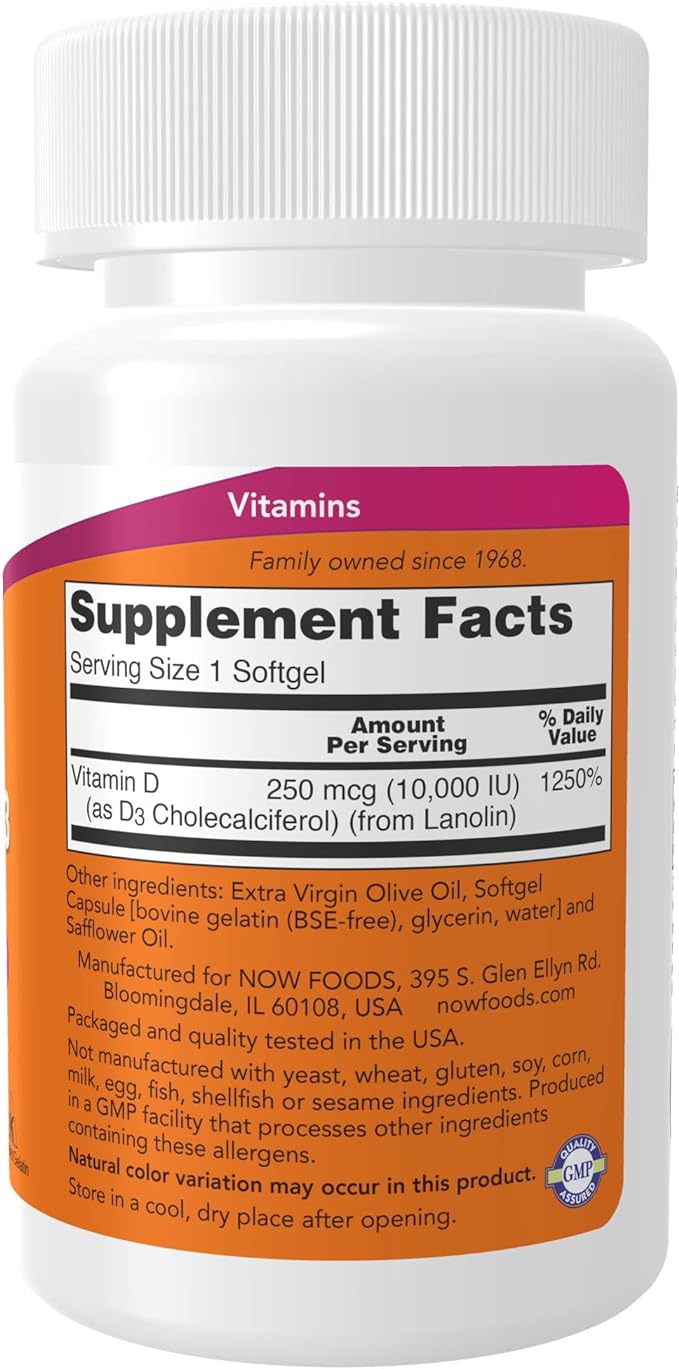 NOW Supplements, Vitamin D-3 10,000 IU, Highest Potency, Structural Support*, 120 Softgels