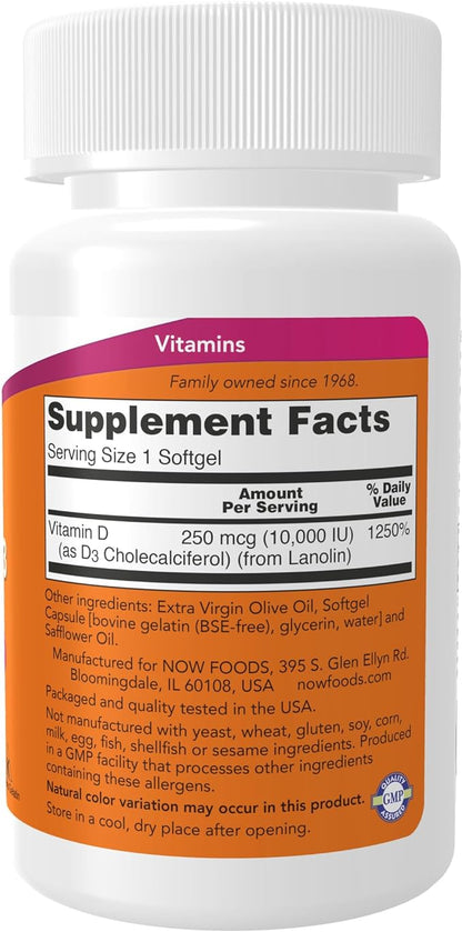 NOW Supplements, Vitamin D-3 10,000 IU, Highest Potency, Structural Support*, 120 Softgels