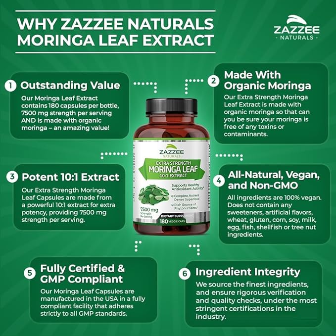 Zazzee Organic Moringa Oleifera Leaf 7500 mg Strength, 180 Vegan Capsules, 10:1 Extract, 100% Pure Superfood, Concentrated and Standardized 10X Leaf Extract, Vegetarian, All-Natural and Non-GMO